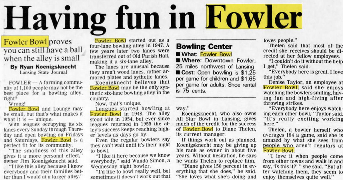 E-Lanes Sports Bar & Bowling (Fowler Bowl) - Jan 22 1995 Article (newer photo)